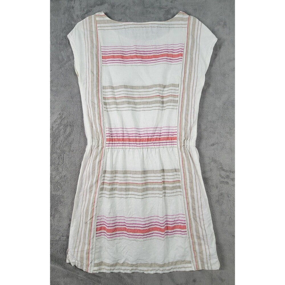 Ann Taylor Loft Blouson Mini Dress Beige Pink Stripe Sz S 100% Linen Drawstring - Picture 3 of 8